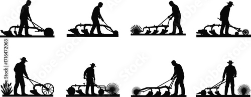 Silhouettes of Farmers Using Manual Plows and Agricultural Tools, Traditional Farming Methods, Rural Labor, Vintage Agricultural Equipment, Farming Scene