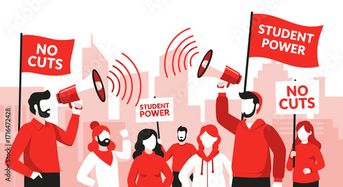 Students protesting for 'Student Power' and against 'No Cuts' with megaphones and banners