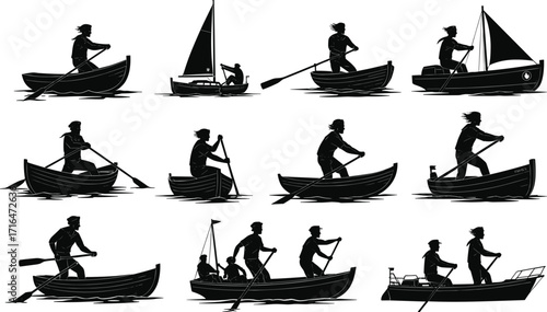Silhouettes of People Rowing, Sailing and Paddling Boats on Water, Nautical Lifestyle, Outdoor Water Activities, Canoeing and Boating Illustration