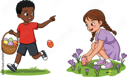 Cartoon kids celebrating Easter holiday, boy holding basket with colorful eggs, girl finding decorated egg in spring flowers illustration