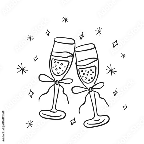 Couple of champagne glasses with bows. Minimalist line art in Trendy coquette core
 Suitable elements for posters, social media, banners, invitation, cards.  doodle vector illustration