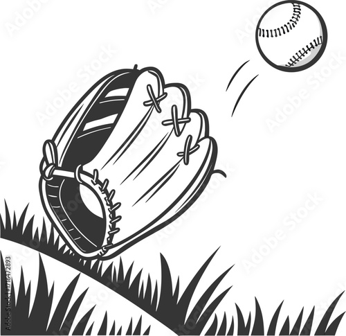 An old leather baseball rests on the green grass of a field near a worn glove