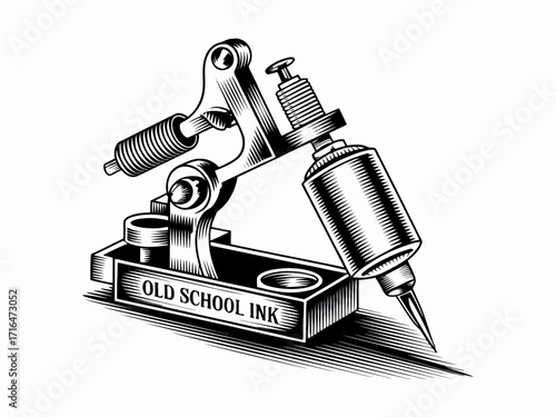 Tattoo Machine Illustration in Black and White with Old School Ink Inscription Artistic Expression and Body Art
