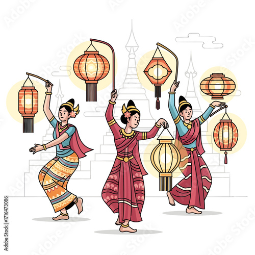 Traditional Asian Dancers in Colorful Attire Holding Ornate Lanterns at Festival