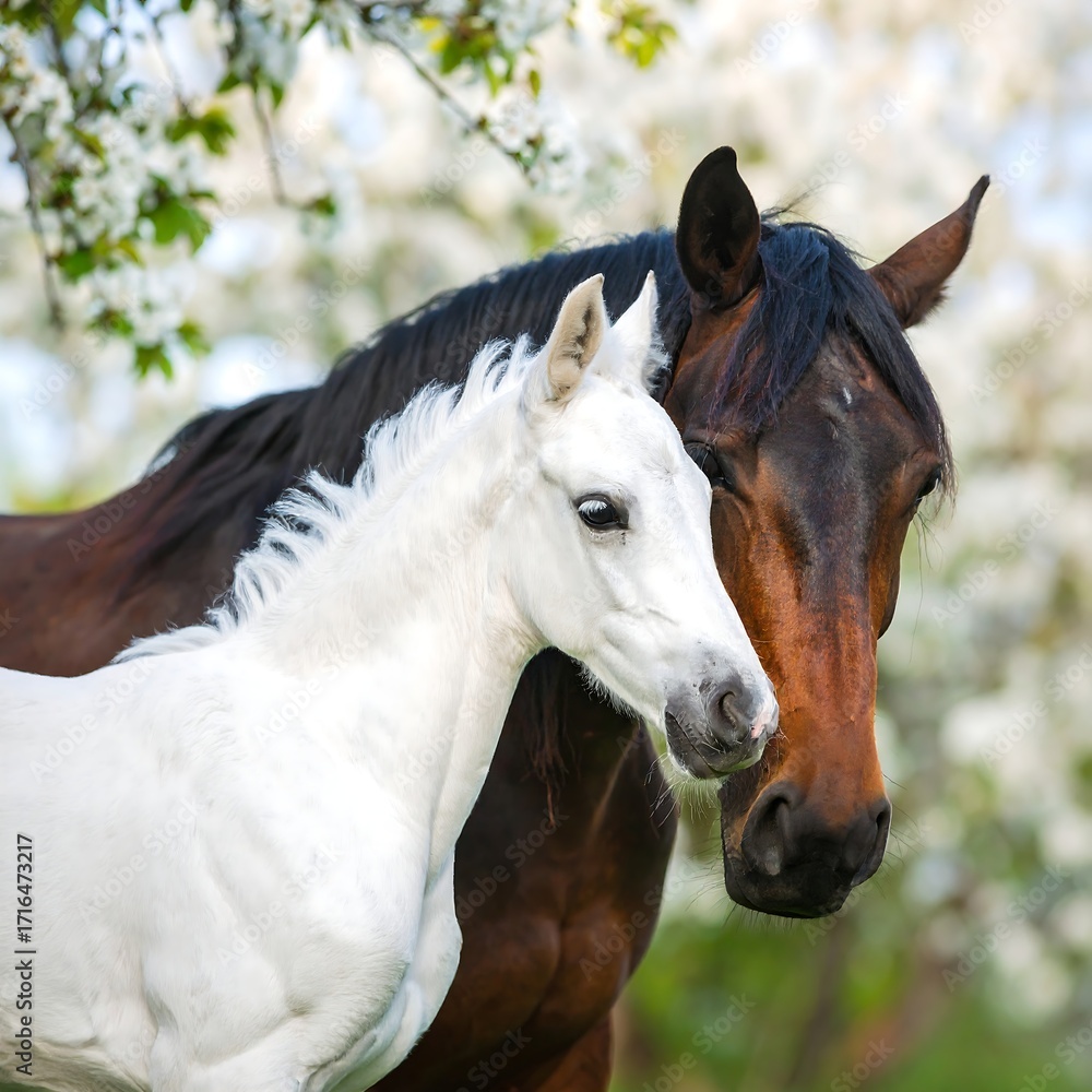 Fototapeta premium Two horses, foal and mare, under blossoming trees