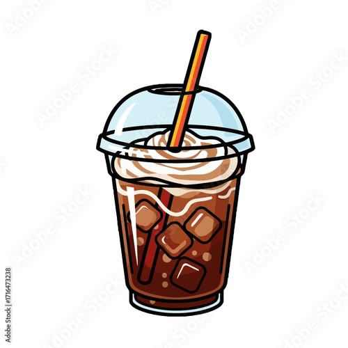 Delicious iced coffee in clear disposable cup with dome lid and red and orange striped straw, featuring whipped cream and rich brown coffee liquid with ice cubes, isolated on transparent