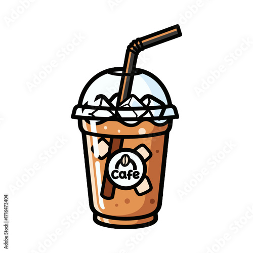 Refreshing iced coffee in clear plastic cup with dome lid and straw, featuring cafe logo on the cup