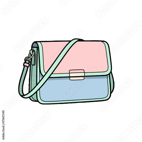 Stylish shoulder bag with pastel color block design, featuring flap closure and long strap, perfect for fashion accessories and everyday use