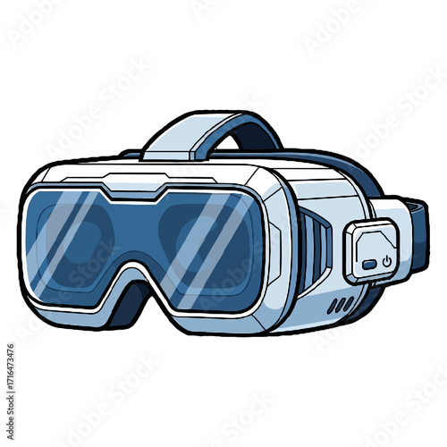 Futuristic virtual reality headset with blue lenses and and gray body, designed for immersive gaming and entertainment experiences