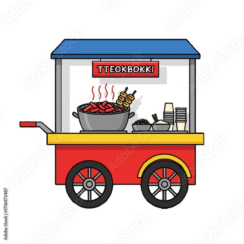 Colorful street food cart selling tteokbokki, popular korean spicy rice cake dish, with steaming pot food and disposable cups, representing delicious korean cuisine and street vendor culture