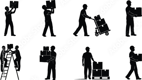Warehouse workers lifting, carrying, and stacking boxes, logistics and delivery team using ladder, hand truck, performing packaging and shipping tasks.