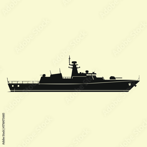 Silhouette of a modern military patrol boat with radar and armament equipment on calm waters in side view