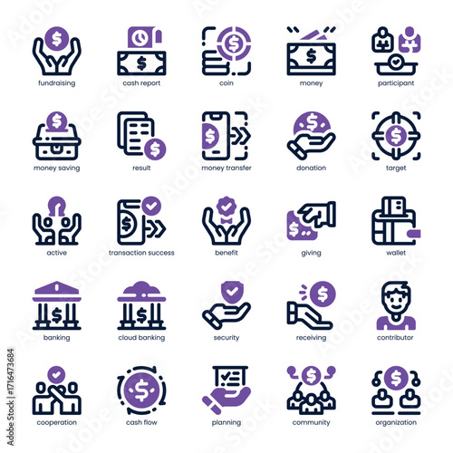 Fundraising Icon pack for your website, mobile, presentation, and logo design. Fundraising Icon dual tone design. Vector graphics illustration and editable stroke.