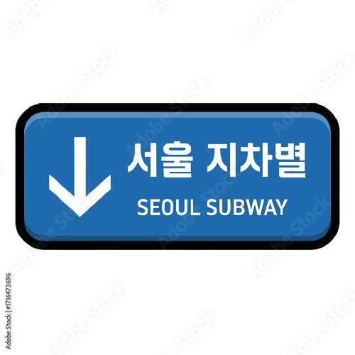 Blue seoul subway sign with downward arrow and korean and english text, indicating direction for public transportation