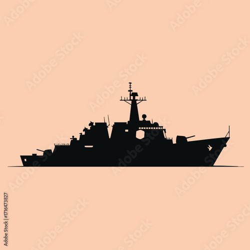 Silhouette of a modern military warship with antennas and weaponry against a plain background