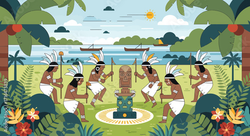 Tribal people dancing around totem pole in tropical island jungle with palm trees