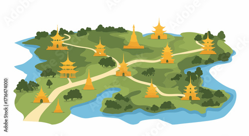 Vector map of islands with Buddhist temples and winding paths, green hills, blue water