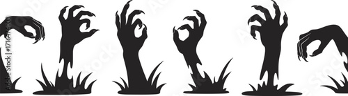 Zombie hand rising from ground, horror silhouette illustration, undead arm emerging, creepy Halloween concept, graveyard monster design element