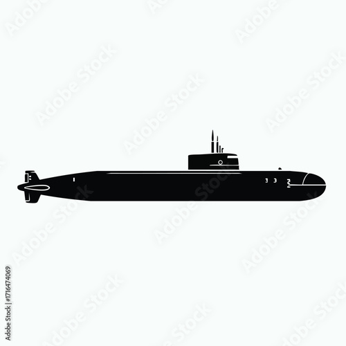 Silhouette of a modern military submarine with conning tower and propeller in a side profile view illustration