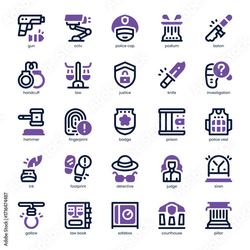 Law and Justice Icon pack for your website, mobile, presentation, and logo design. Law and Justice Icon dual tone design. Vector graphics illustration and editable stroke.