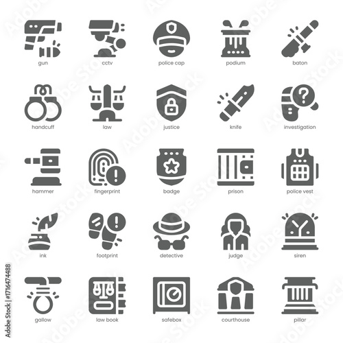 Law and Justice Icon pack for your website, mobile, presentation, and logo design. Law and Justice Icon solid design. Vector graphics illustration and editable stroke.