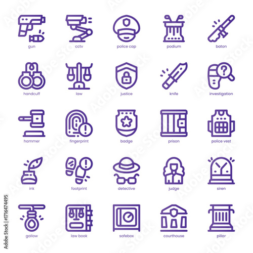 Law and Justice Icon pack for your website, mobile, presentation, and logo design. Law and Justice Icon line basic color design. Vector graphics illustration and editable stroke.