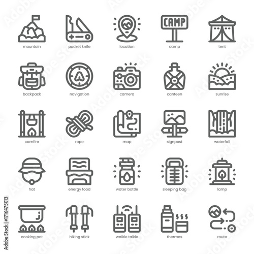 Mountain Adventures Icon pack for your website, mobile, presentation, and logo design. Mountain Adventures Icon outline design. Vector graphics illustration and editable stroke.