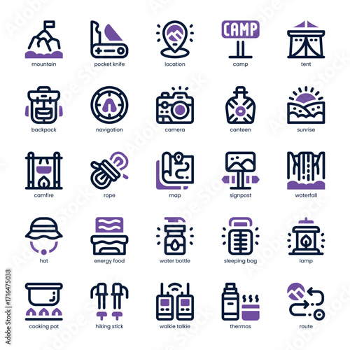Mountain Adventures Icon pack for your website, mobile, presentation, and logo design. Mountain Adventures Icon dual tone design. Vector graphics illustration and editable stroke.
