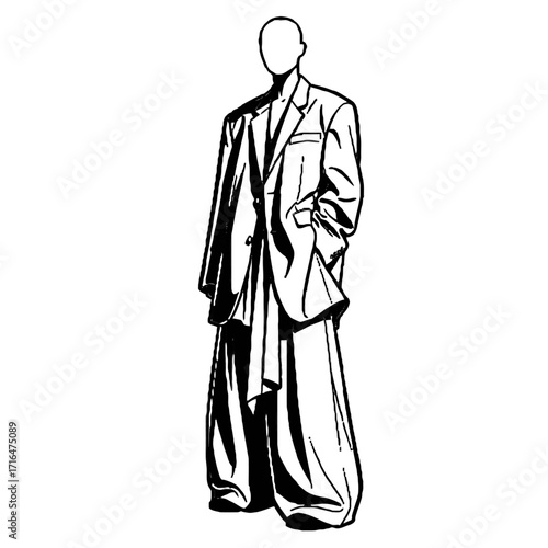 Minimalist person in suit with oversized, flowing pants and jacket draped over the shoulder, isolated on transparent