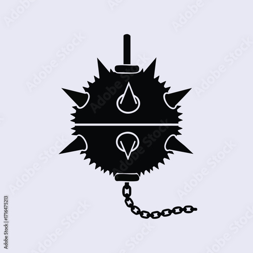 Black silhouette of a medieval spiked mace weapon with a chain and handle on a light background