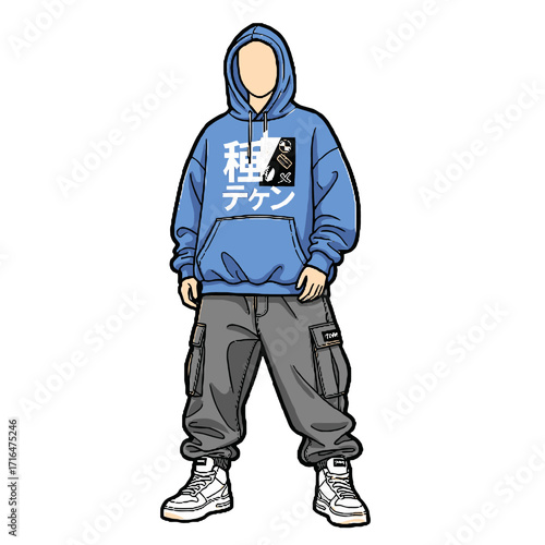 Person wearing blue hoodie and cargo pants, standing confidently in streetwear style