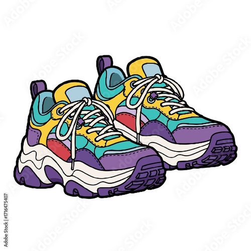 Pair colorful chunky sneakers with laces, isolated on transparent, showcasing vibrant and retro design perfect for fashion and streetwear enthusiasts