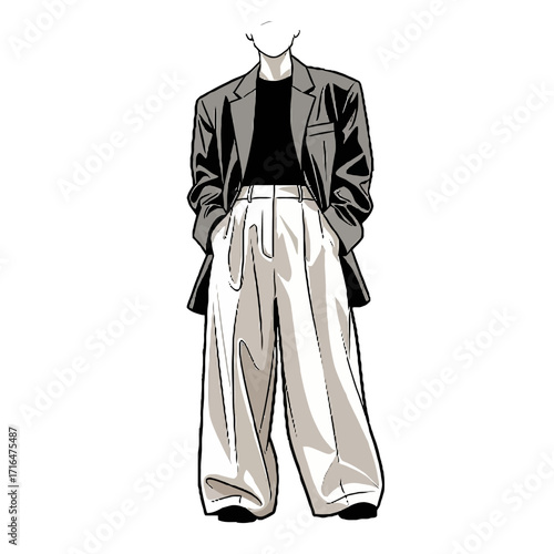 Person wearing grey blazer, black tshirt, and wideleg trousers