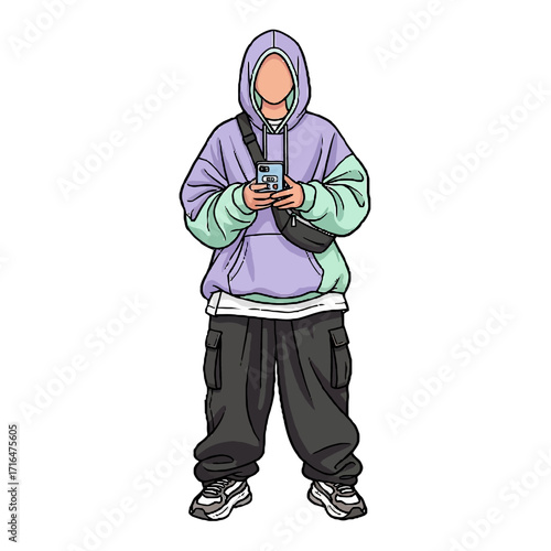 Stylized person wearing purple hoodie, mint green accents, dark cargo pants, and sneakers, holding smartphone and crossbody bag, isolated on transparent
