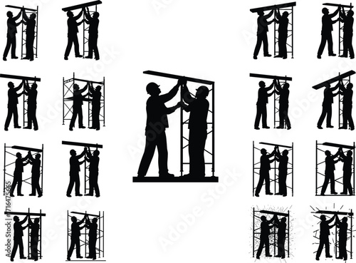 Construction, Scaffolding, Workers, Silhouette, Assembly, Beam, Structure, Labor, Safety, Grid, Blackwhite, Industrial, Manual, Equipment, Task, Technique, Support, Balance, Teamwork, Installation