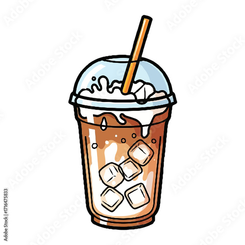 Refreshing iced coffee drink in clear plastic cup with straw and lid, showing ice cubes and creamy swirls, isolated on transparent