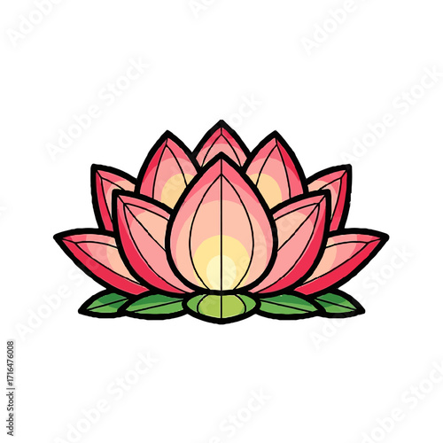 Stylized pink lotus flower with green leaves, isolated on transparent, representing purity, enlightenment, and rebirth in various cultures and spiritual practices