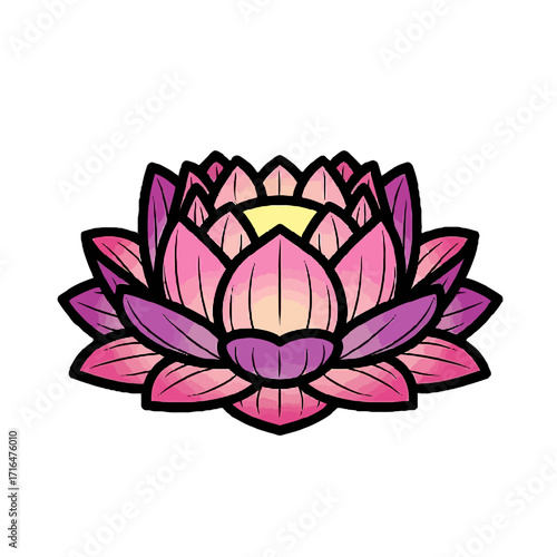 Beautiful pink and purple lotus flower blooming with vibrant petals and yellow center, symbolizing purity and enlightenment
