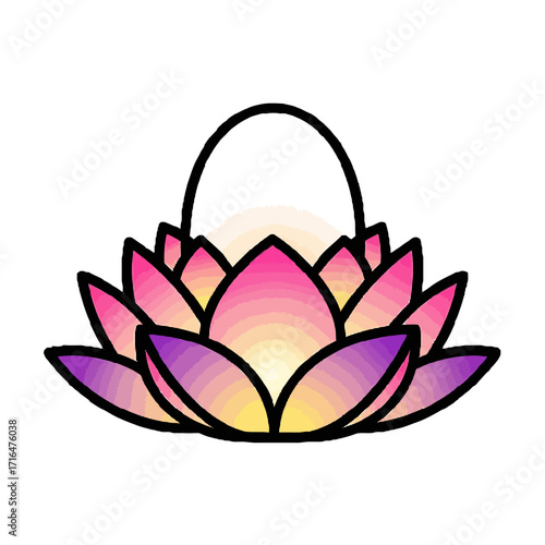 Beautiful, stylized lotus flower with vibrant pink and purple gradient petals, symbolizing purity, enlightenment, and rebirth, isolated on transparent
