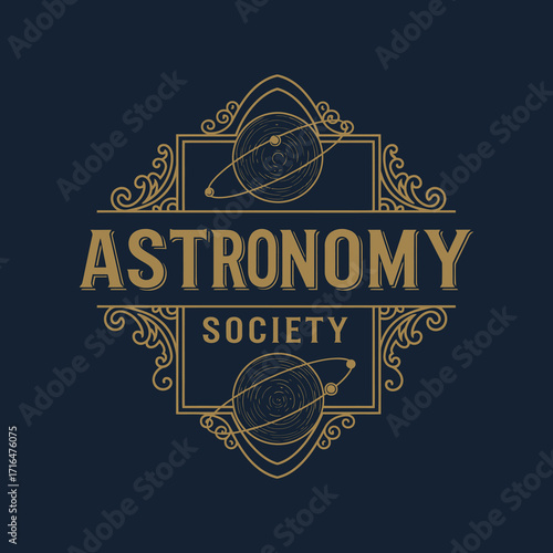 Vintage astronomy society logo with ornate gold frame and stylized planets on a dark blue background.