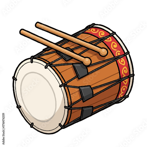Cartoonstyle traditional wooden drum with two drumsticks resting on top