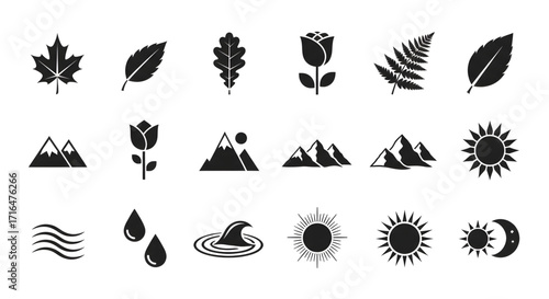 Collection of various nature and weather icons, including leaves, flowers, mountains, sun, waves, and water drops