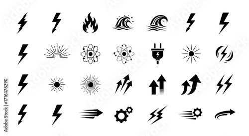 Collection of diverse graphic icons representing various elements and concepts in black and white design