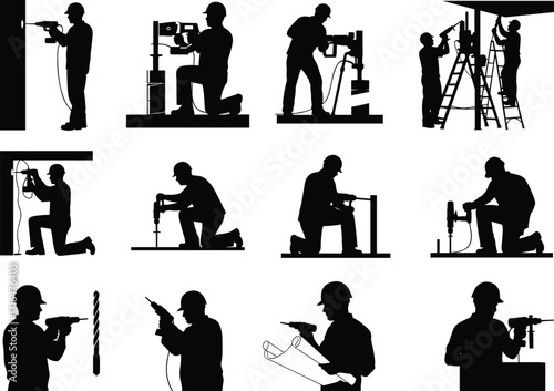 Construction, Worker, Drill, Silhouette, Tool, Manual, Labor, Equipment, Posture, Grid, Blackwhite, Task, Technique, Action, Maintenance, Repair, Blueprint, Clipboard, Safety, Industrial