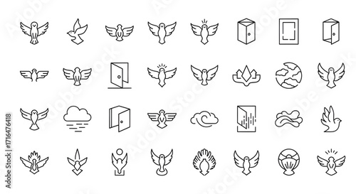 Collection of minimalist line art icons featuring various stylized birds like doves and phoenixes, representing concepts of peace, freedom, spirit, and new beginnings for design projects