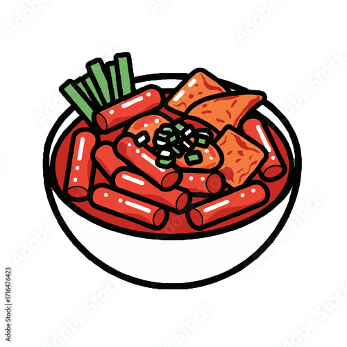 Delicious bowl tteokbokki, popular korean street food made with chewy rice cakes, fish cakes, and spicy sauce, garnished with green onions and served in traditional bowl