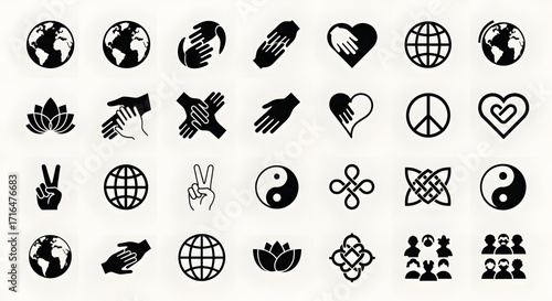 A diverse set of monochrome icons representing universal concepts of peace, global unity, love, and human connection