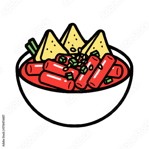 Vibrant bowl korean tteokbokki, featuring red rice cakes, triangular kimbap, and chopped green onions, served in rich sauce, popular street food dish