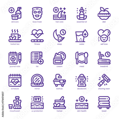 Selfcare Routine Icon pack for your website, mobile, presentation, and logo design. Selfcare Routine Icon line basic color design. Vector graphics illustration and editable stroke.