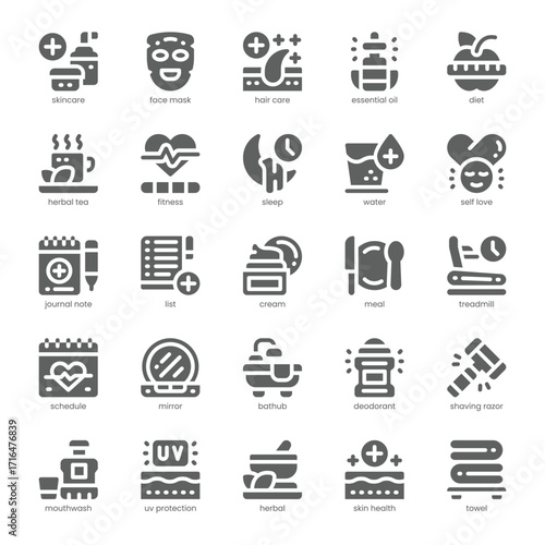 Selfcare Routine Icon pack for your website, mobile, presentation, and logo design. Selfcare Routine Icon solid design. Vector graphics illustration and editable stroke.